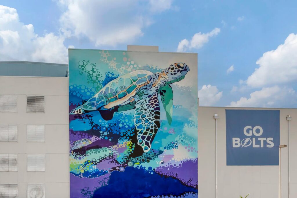 Mural of sea turtle on the side of the building with go bolts sign on the side of the building