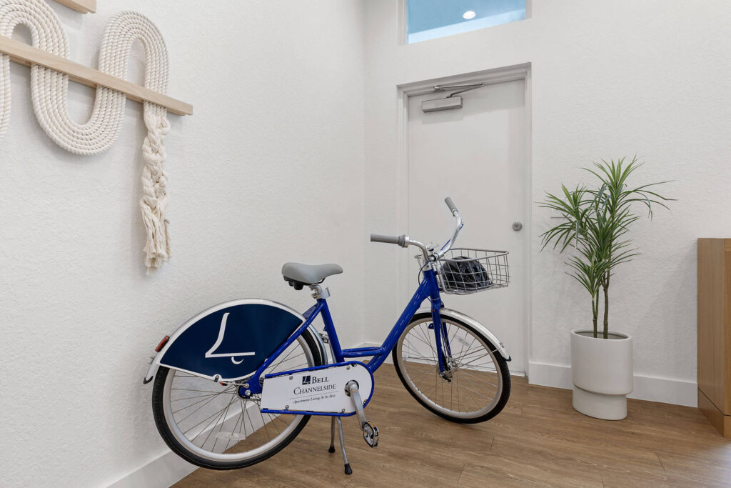 A blue bicycle with a basket is parked indoors on a wooden floor near a potted plant and a white door; decorative rope art hangs on the wall.