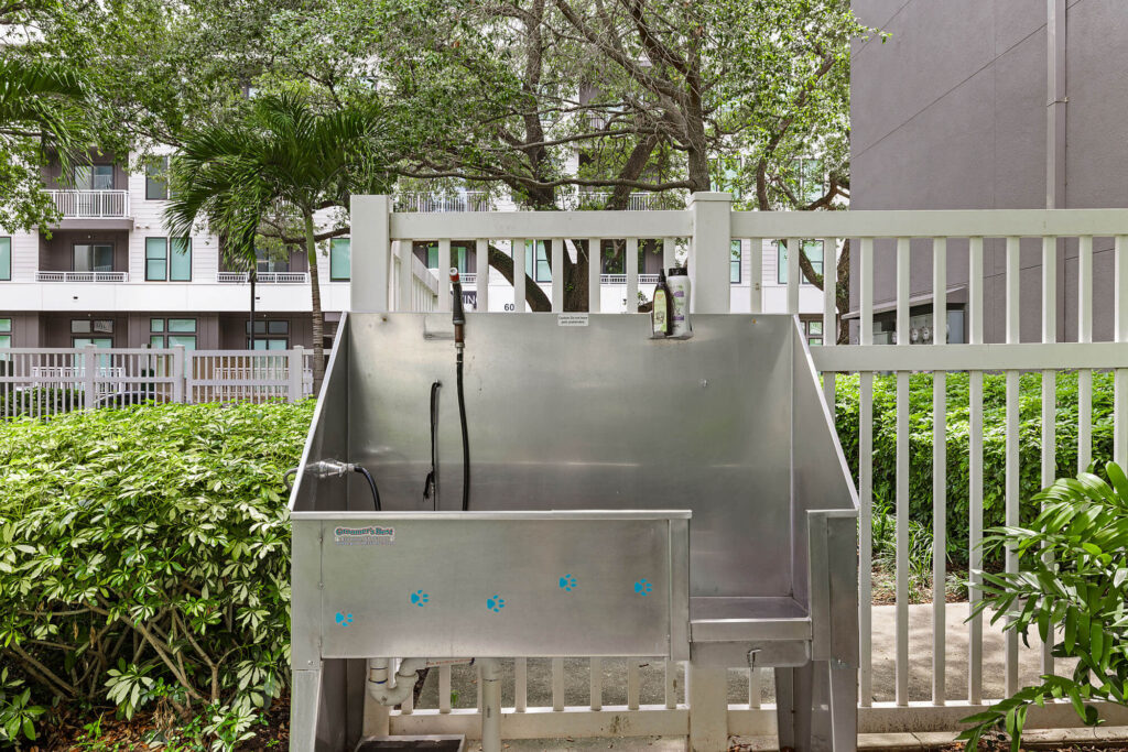 Outdoor stainless steel pet washing station with two faucets, set in a fenced area surrounded by green bushes and trees, with apartment buildings visible in the background.