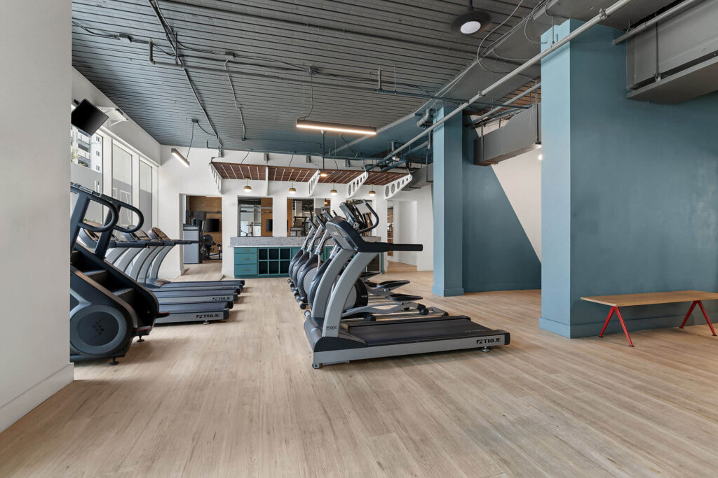 Modern gym with several treadmills lined up on light wood flooring, blue and white walls, large windows, and a bench. The space is clean, open, and well-lit with natural and overhead lighting.