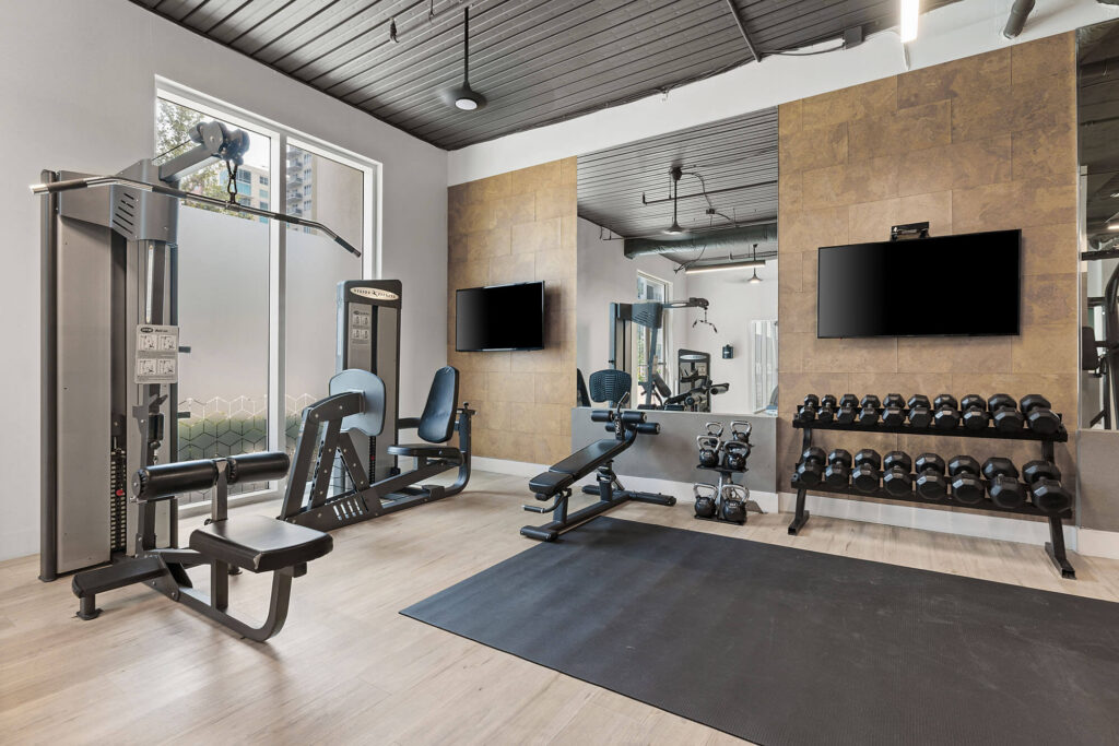 Modern gym room with weight machines, free weights, benches, mirrors, two wall-mounted TVs, and large windows letting in natural light. Light wood flooring and dark ceiling create a clean, spacious atmosphere.