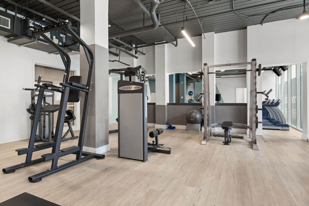 Modern gym with various exercise machines, including a dip station, seated row machine, and weight machine. Light wood flooring and bright, spacious interior with large windows and treadmills in the background.