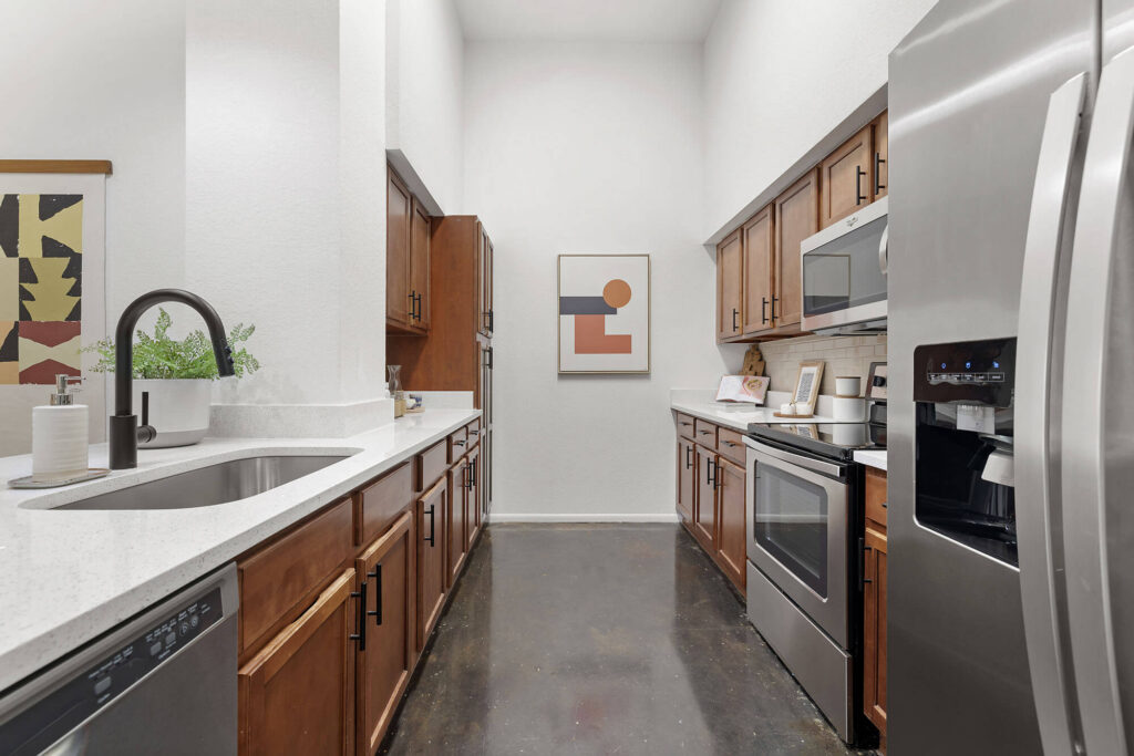 Modern galley kitchen with stainless steel appliances, wooden cabinets, white countertops, and minimalist decor. Abstract artwork hangs on the far wall. A plant and kitchen items are on the counters.